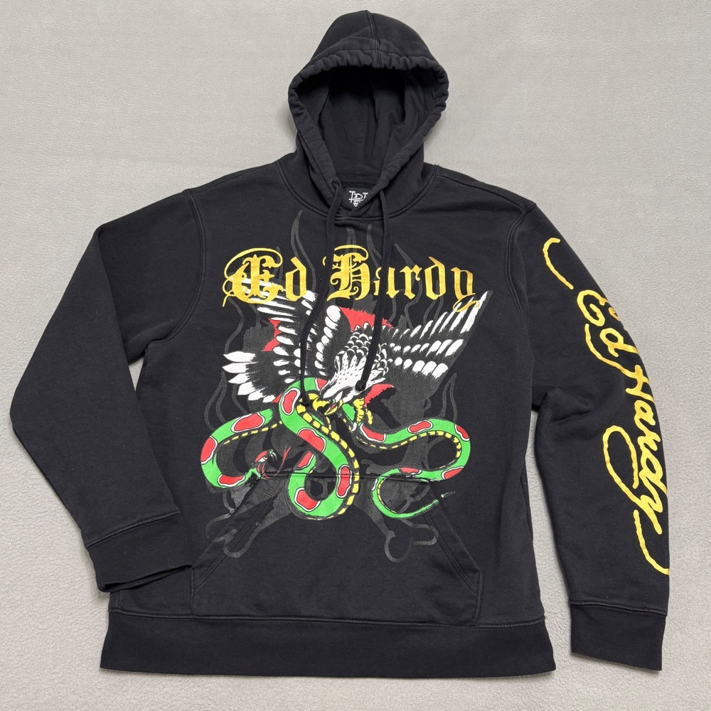 Ed Hardy Hoodie Mens M Black Eagle Snake Graphic Y2K Tattoo Streetwear